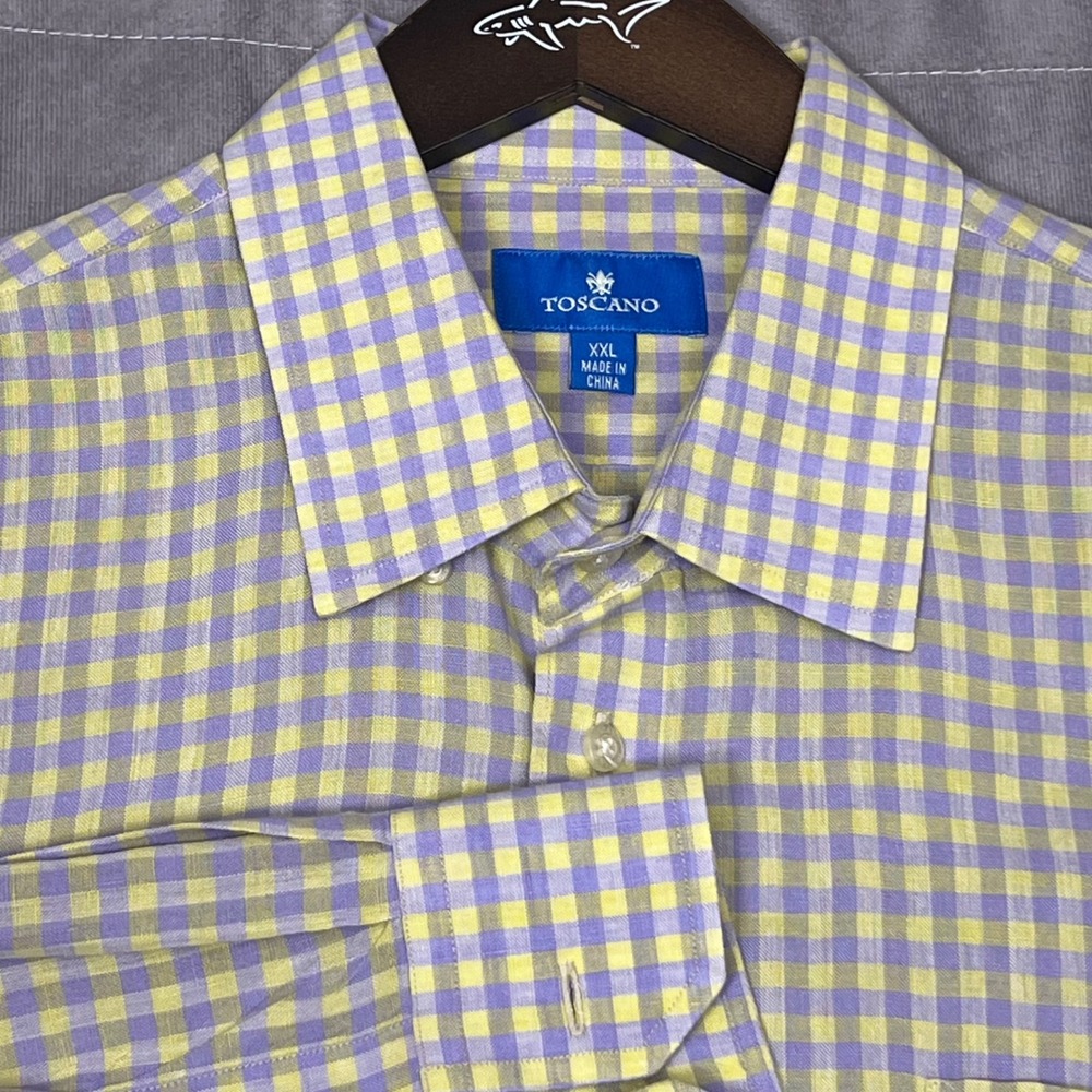Toscano Button Down Shirt Mens XXL Purple Yellow Excellent Gingham 100% Linen